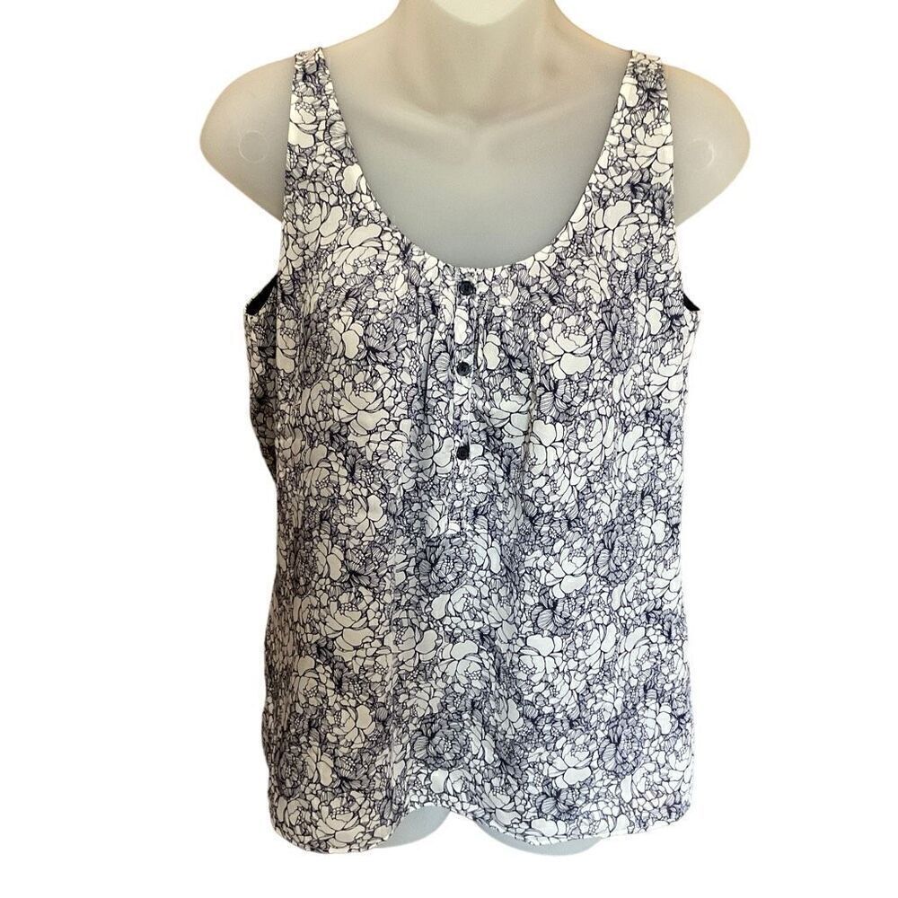 Loft Ann Taylor Blouse Tank Top Round Neck Blue White Lined 3 Button Front XS